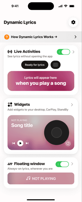 Lyricast main app screen showing Live Activities and Widgets controls