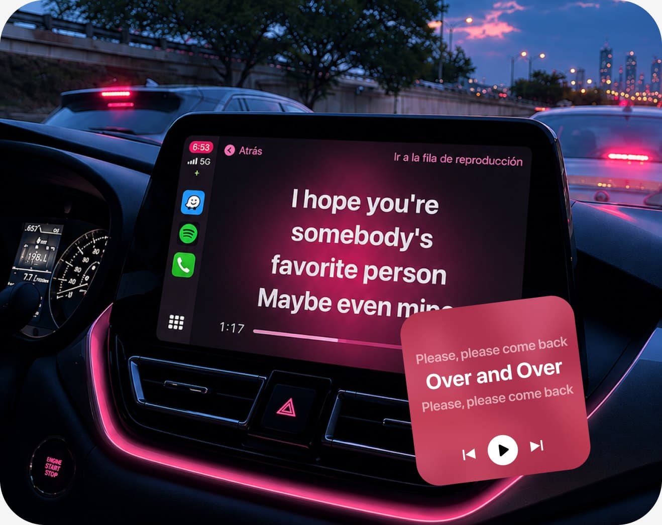 Lyricast showing full-screen synced lyrics on a CarPlay display