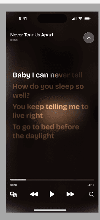 Lyricast showing karaoke-style synced lyrics — Never Tear Us Apart by INXS